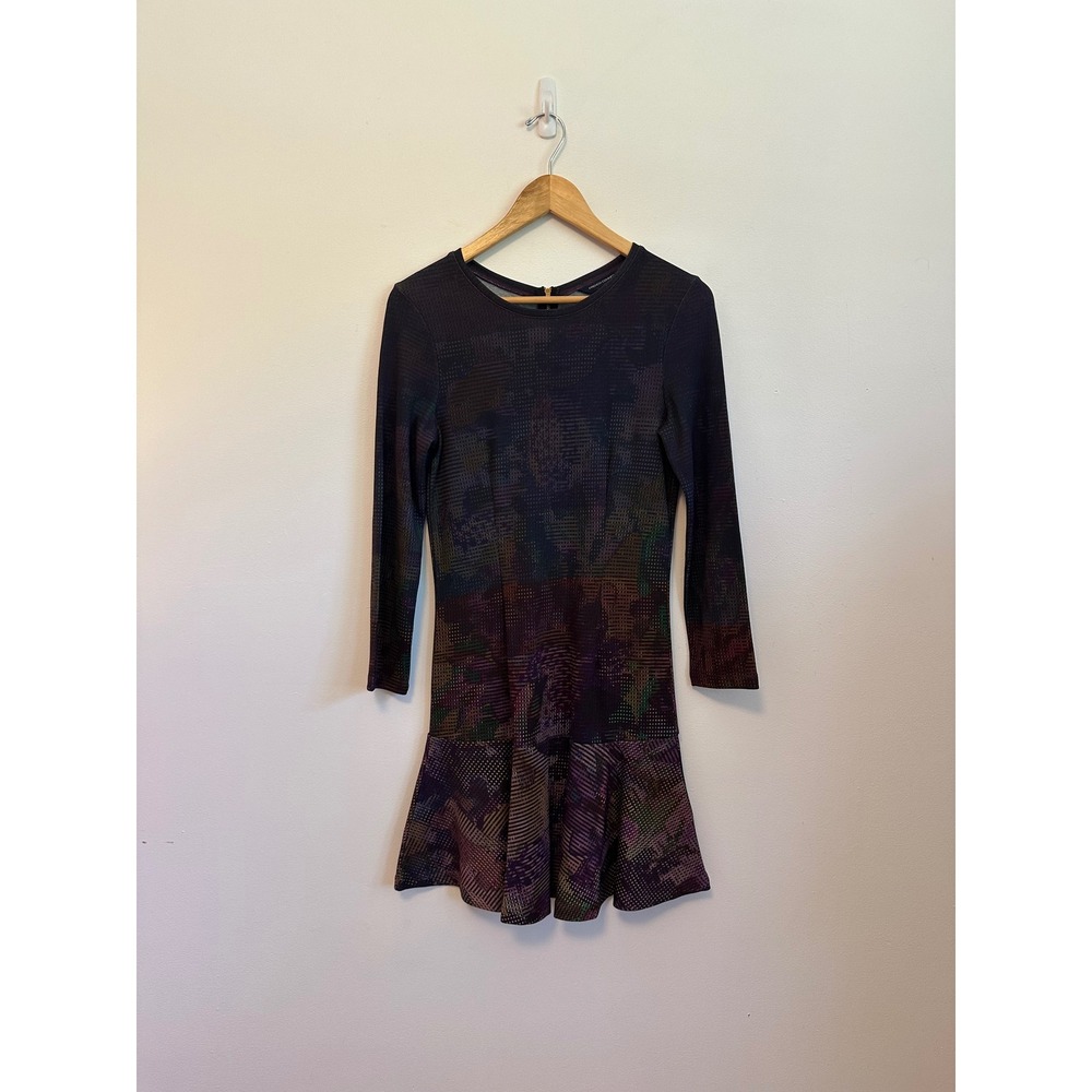 French Connection Purple Abstract Print Long Sleeve Ruffle Mini Dress | Size 6